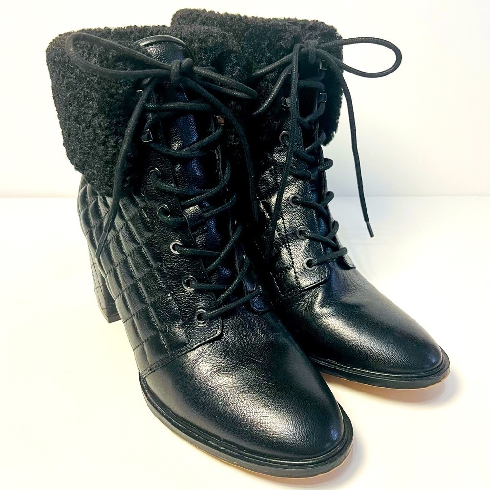 Karl Lagerfeld Cantyn Faux Fur & Quilted Black Leather Block Heel Booties Size 9